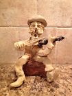 Original Log Art Player Clay Fiddle Signed Fiddler Folk Western Sculpture