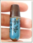 Antique 1930'S Blue Enamel & Wood Needle Case W/ Thimble ! Visit My Store. Fixed Price $29.99.