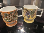 Vintage Florencia Footed Coffee Mugs Colorful Fruit Design Pedestal Base Set 2. Fixed Price $16.00.